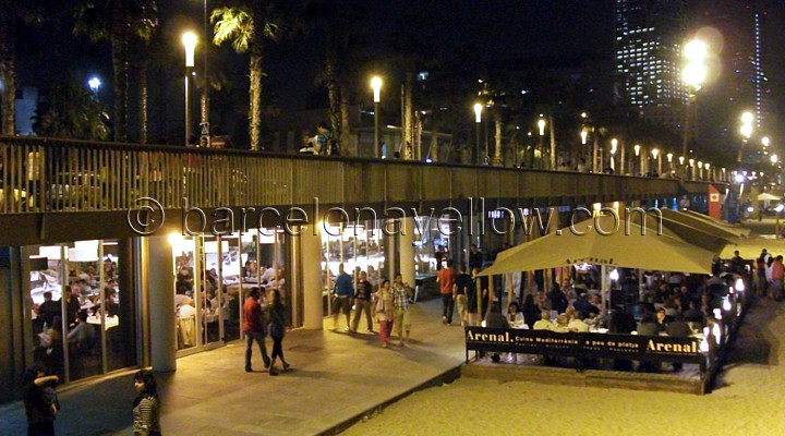 Beach cafes Barceloneta beach by night